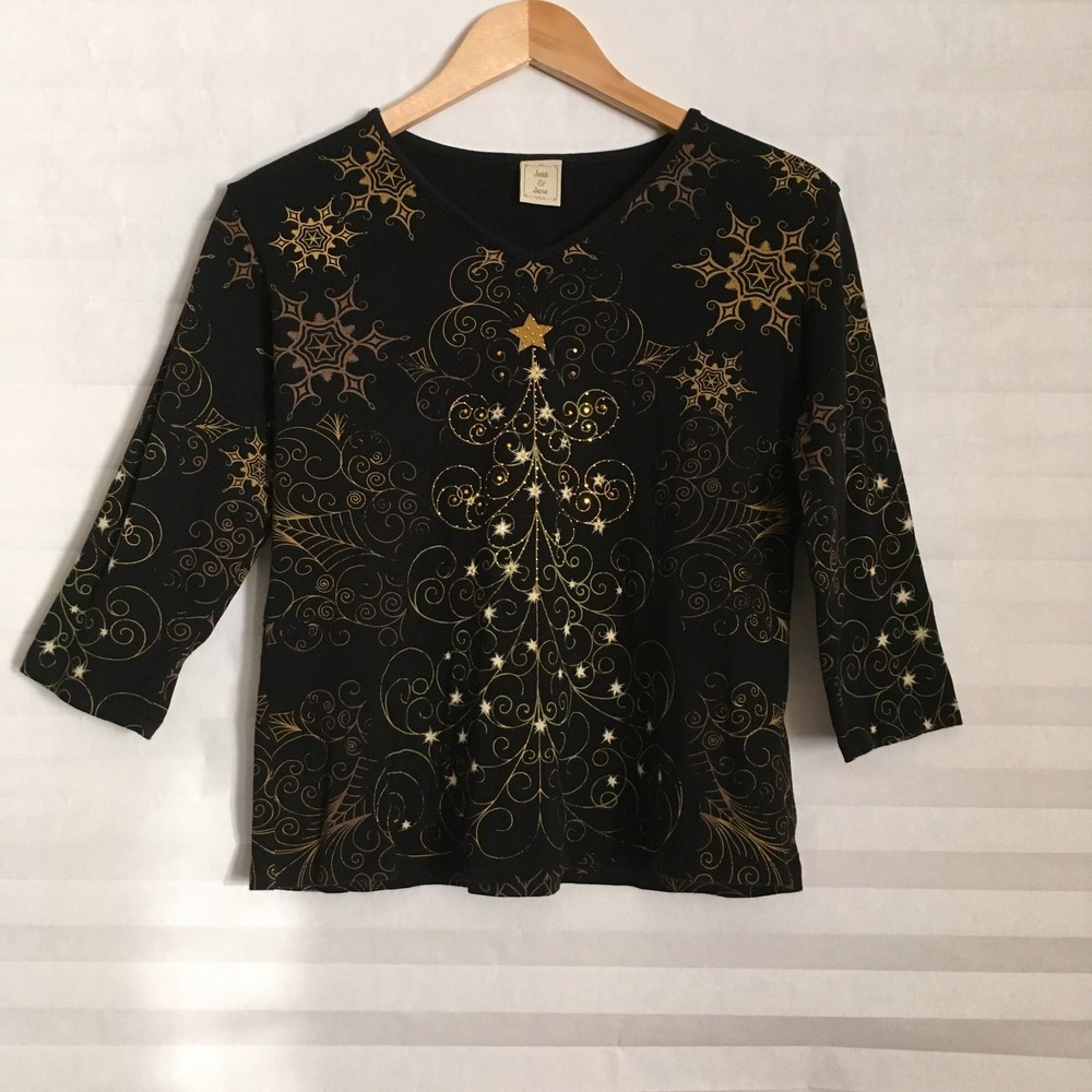 Jess & Jane Womens Blouse Crop Top Size ? Black 3/4th Sleeve‎ Embellished X-mas